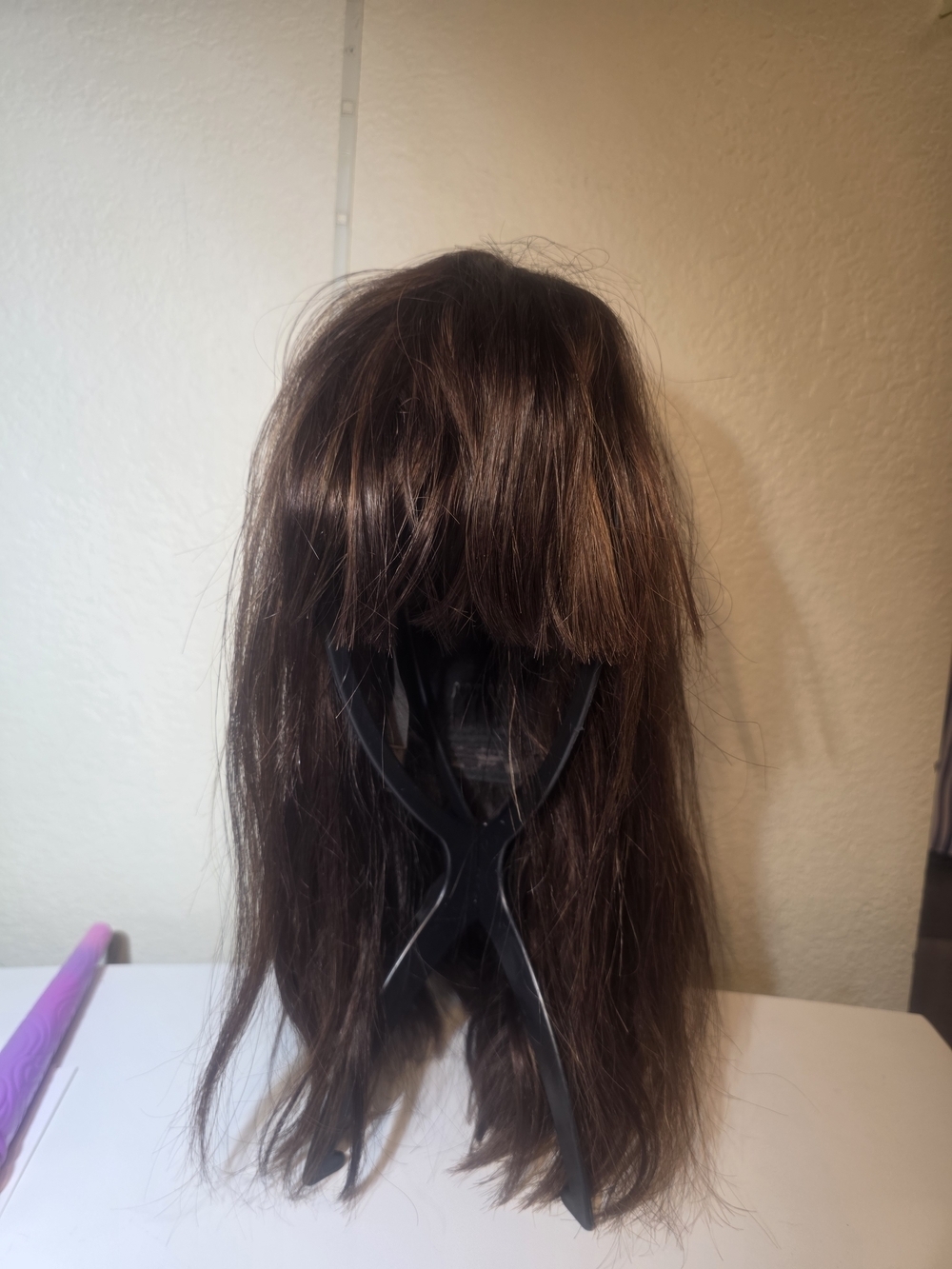 Brown Synthetic Wig Medium Length Straight Natural Style Preowned